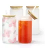 USA/CA Local Warehouse 16oz Sublimation Clear Frosted Glass Mugs Can Shaped Wine Tumblers With Bamboo Lids And straws Cocktail Cups Ice Cola Jar Home Mug 0606