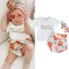 Ensembles de vêtements pour bébé fille 3pcs vêtements 0-24m lettre à manches courtes t-shirts tournesols imprimés taille haute shorts bandeauvêtements