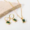 Chains Stainless Steel Green Zircon Nekclace Creative Square Emerald 18K Gold Plated Hoop Earrings Women Girls Fashion Jewelry SetChains