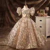 Princess Flower Girls Dresses For Weddings Gold Sequined Top Tulle Girls Pageant Ball Glows Hollow Back Jewel First Holy Communion Dresses Cheap