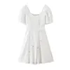 Rétro broderie trou couture dentelle croix laçage à manches courtes robe courte femme blanc français Mini robes vacances 220511