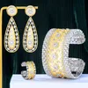 Godki Vintage Royal 3pcs Green Cz Lyx Afrika för Kvinnor Bröllopsfest Zircon Crystal Dubai Bridal Smycken Set Present