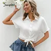カジュアルエレガントな春の女性ボタンシャツ夏の弓サッシショートスリーブソリッドシャツ女性ラペルオフィスレディトップ220527