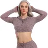 T-shirt da donna T-shirt da corsa a maniche lunghe da donna Felpa con cappuccio T-shirt in maglia Sexy Crop Top per sport Fitness Palestra Femme Jersey Push Up ActivewearW