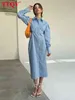 TTQV Sexy Bleu Dos Nu Midi Robe Dames Mode Revers À Manches Longues Robe Élégante Mince Simple Boutonnage Robes Pour Les Femmes 2022 T220804