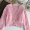 Kvinnors stickor Tees tröjor Kvinnor Jumpers Autumn Sweet V Long Sleeve Pink Cardigan Short Mohair Coat Pull Gentle Waterproof Mink Rhin