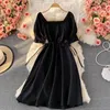 Casual Dresses Fashion Cold Waist Hole Dress Women's French Hepburn Style Black Girls Square Neck Short Sleeve Summer 2022