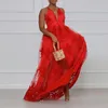 Robes grande taille été Maxi robe femmes col en V licou taille haute balançoire brodé dos nu femme rouge Sexy maille fête longue