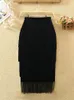 Women Fringe Bodycon Pencil Skirts Black Tassel High Waist Stretch Sheath Midi Length Ladies Slim Elegant Saias faldas Big Size 220317