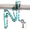 Vintage Blue Stone Rosary Necklace Long Women Men Cross Pendant Necklace Religious Prayer Jewelry