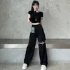 Houzhou Black Szerokiej nogi Cargo Pant Hollow Out Streetwear Spodnie Techwear Elastyczny Waist Patchwork Koreański Moda Lato 220325