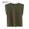 Women fashion solid color shoulder pad casual T-shirts female basic o neck sleeveless knitted T shirt chic leisure tops T678 220326