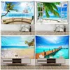 Natural Ocean Landscape Wall tapis plage Tropical Green Palm Palm Tree Tapes Home Salon Dortoir Seascape Hanging Decor Mat J220804