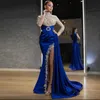 Синий с золотой арабской русалкой вечернее платье выпускной платья высокая шея алжирские наряд вечерние платья