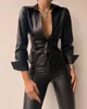 Women's Blouses & Shirts Oversized Women PU 2022 Celmia Fashion Long Sleeve Buttons Vintage Casual Leather Lapel Solid Tops Streetwear