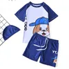 3pcs Set Children Boys Swimwear Cartoon Dog Print Print Prante Cust Fulming Foot Tops O-образной футболки и купание шапочка и шорты три милых дизайна