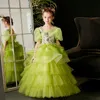 Lindos vestidos de niña de flores para la boda de encaje verde apliques florales faldas escalonadas chicas princesas vestidos de fiesta de cumpleaños para niños 403
