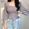 Женские блузкие рубашки Blusas Mujer Casual Flare Flare Plearsed Chefon Room Женщины Осени Корейский воротник цветочный воротник цветочный блузка без спинки 102