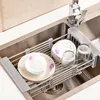 Adjustable Dish Drainer Stainless Steel Sink Drain Rack Fruit Vegetable Kitchen Tableware Storage 220809