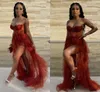 Robes de bal rouge haut bas sans bretelles en dentelle tulle volants haut fendu plus la taille soirée de retour robe de cocktail soirée