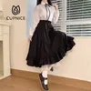 CUPNICE Japanese Solid Color Double Layer Vintage French Ruffled A-line Skirt Hepburn Style Black Half Female Long 220322