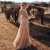 Nude Champagne Country Western Wedding Gowns Retro Cowgirl Long sleeve V-Neck Bohemian Lace Bridal Dresses Chic Sweep Train Tulle 334S