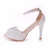 Women Bride Toe High Heels Wedding Shoes White Lace Pearl Rhinestone Stiletto Summer Party Sandals Pumps