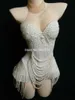 Abbigliamento da palcoscenico Perle bianche Tuta con perline Costume da ballo jazz Sera Discoteca Bar Spettacolo Prom Compleanno Vestito Donna Cantante AbbigliamentoSt291U