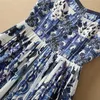 Zomer Spaghettibandjes Sweetheart Hals Paisley Blauw en Wit Porselein Print Mid-kalf Jurk Elegante Casual Jurken 22Q151640