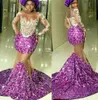 2022 Plus La Taille Arabe Aso Ebi Violet Sirène Sparkly Robes De Bal Dentelle Perlée Soirée Formelle Deuxième Réception Anniversaire Robes De Fiançailles Robe ZJ770