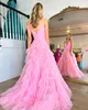 Ruffled monterad balklänning med lager hög slits kjol dam preteen teen girl pageant klänning formell fest bröllop gäst röd capet runway spaghetti isblå blush rosa rosa