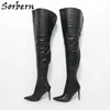 Sorbern Black Matt Boots Women Stilettos High Heel Pointed Toe Open Back Custom Wide Fit Thigh Mid Shaft Fetish Shoes