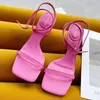 Sandały Cienki Obcas 4 CM Kobiety Strappy Sandal Shoes Wąski zespół Marka Design Summer Sukienka Square Toe Klamry Slajdy