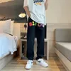 Men's Jeans Hip Hop Letter Printing For Men High Street Star Black Women Loose Straight Hearts Pants Moto TrouseMen's