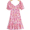 Mini robe d'été à fleurs rose pour femmes, style Boho, col en v, manches courtes, ourlet à volants, sexy, robe de soirée, 2, moulante