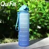 Quifit Water Bottle 1 Liter Silicone Straw Spout Cap Gallon , BPA-Free, Daily Drinking with Time Stamp 220307