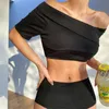 Dames Badmode Sexy Off-shoulder Bikini Dames Effen Zwart Hoge Taille Badpak Badpak met korte mouwen Push Up Biquini Crop Top Padswomen