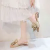 Summer Solid Bow Slippers Women Square Heel Sandal 2022 Fashion Thick High Heels Outdoor Party Slides Ladies Sandals Shoes G220518