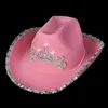 LED Western Style szeroki kowbojowy kapelusz różowy kobiety dziewczęta urodziny czapki z cekinami z piór cekin dekoracja koronowa tiara klub nocny kapelusze cowgirl kapelusze