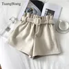 Wolle Dicke Damen Lose Schärpen Frühling Shorts Frauen Elastische Taille Breite Bein Shorts Herbst Vintage Verdicken Hohe Taille Shorts 210302