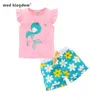 Mudkingdom Flower Summer Holiday Girls Outfits Unicorn Cartoon Mermaid Clothes Set for Floral Short Suit Kids 220419