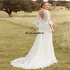 Glockenärmel Spitze Boho Hochzeitskleid 2022 Weiß A-Linie bodenlang Strand Bohemian Country Brautkleider Rückenfrei Vintage Braut Party Echte Bilder Robe De Mari￩e