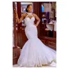 Arabic Aso Ebi Vintage Lace Beaded Halter Bridal Gowns Sheer Neck Mermaid Wedding Dresses