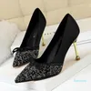 Dress Shoes Women 10cm High Heels Lady Fetish Sequins Satin Bowknot Pumps Female Green Party