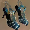 Mode designer sandaler sommar senaste pvc rhinestone kvadrat tå skor novelty spänne 10cm stilett Roman Back foot rem läder sole