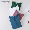 TuangBiag 2022 봄 긴 소매 버튼 V 넥 대나무 면화 티셔츠 여성 느슨한 패션 브랜드 T 셔츠 레이디 간단한 캐주얼 탑 220331