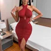 2022 New Fashion Romantic Summer Sexy Bodycon Slit Slim Mid Length Pleated Dress Women Solid Sleeveless Backless Casual Dresses Y220526