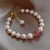 Link Chain Women Girl Pink Crystal Beads Pearls Charm Bracelets For Ladies Natural Strawberry Quartz Stone Bracelet Jewelry GiftLink