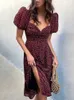 Puff Short Sleeve Kvinnor Sommar Midi Klänning Vintage V Neck Vit Blomstryck Fransk stil Sundress Sexig Slit Party Dresses 220414