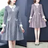 Dames Grijze Jurk Pop Kraag Vintage Tweed Jurk Voor Vrouwen Winter Party A-lijn Flare Mouw Wollen Jurk Vakantie Vestidos 220317